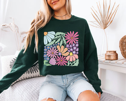 Retro Botanical Blossom Hoodie – Colorful Flower Art Pullover, Relaxed Fit Cozy Sweatshirt, Plant Lover Streetwear