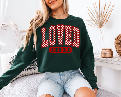 LOVED John 3:16 Sweatshirt | Distressed Varsity Christian Crewneck | Bible Verse Valentine Gift