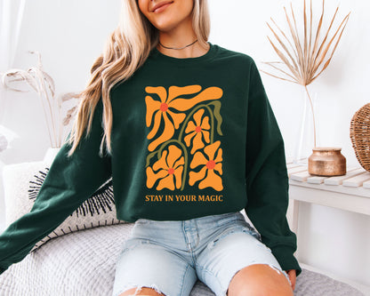 Nature Walk Sweatshirt, Wildflower Illustration Crewneck Pullover, Relaxed Casual Top