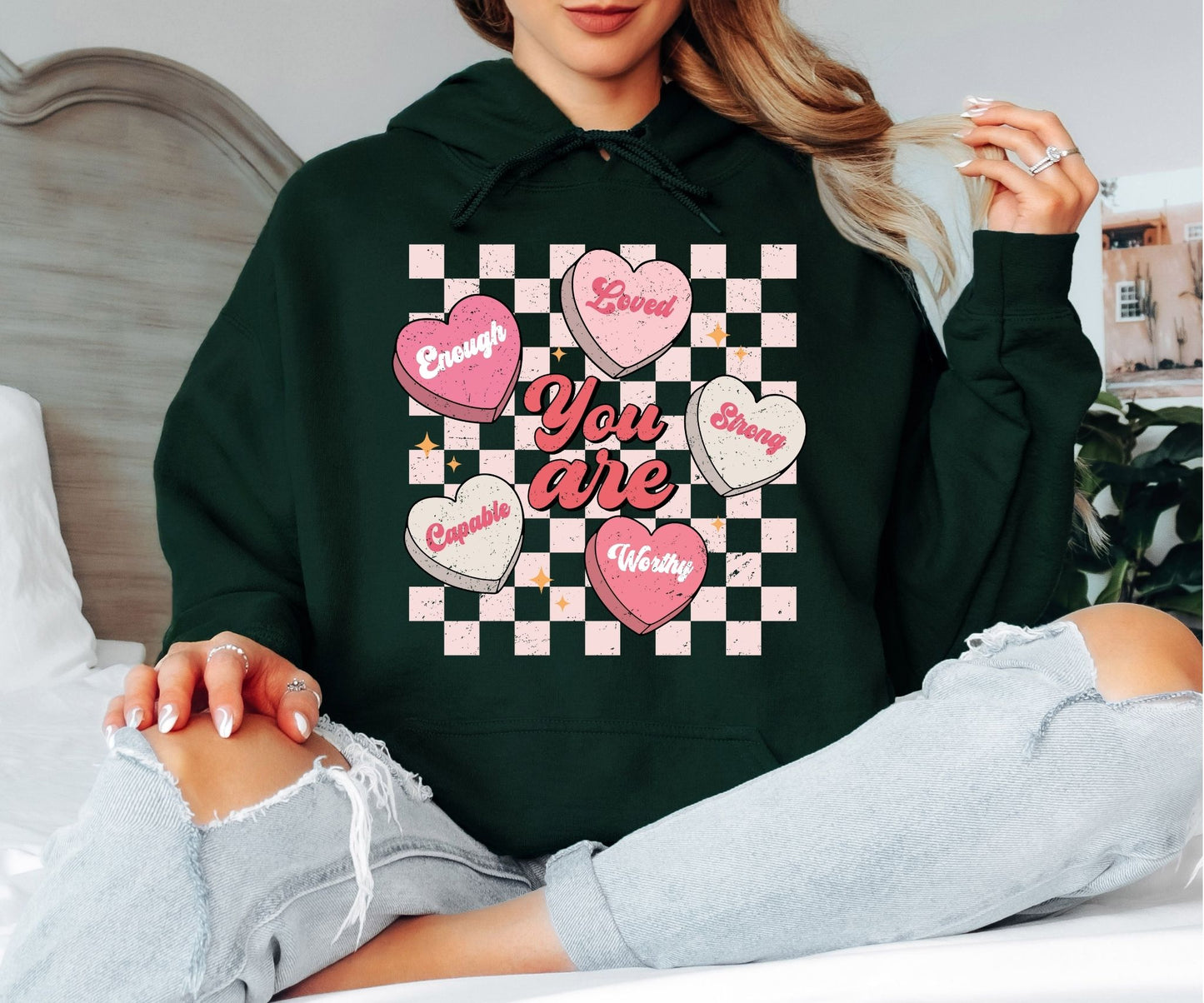 You Are Enough Loved Strong Worthy Hoodie - Positive Affirmations Hooded Sweatshirt, Pastel Conversation Hearts Pullover, Mental Health Awareness Hoodie, Kind Heart Aesthetic Gift