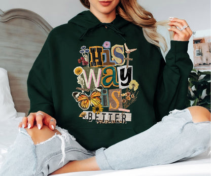His Way Is Greater Christian Faith Hoodie, Spiritual Butterfly Floral Design, Vintage Inspired Unisex Hoodie