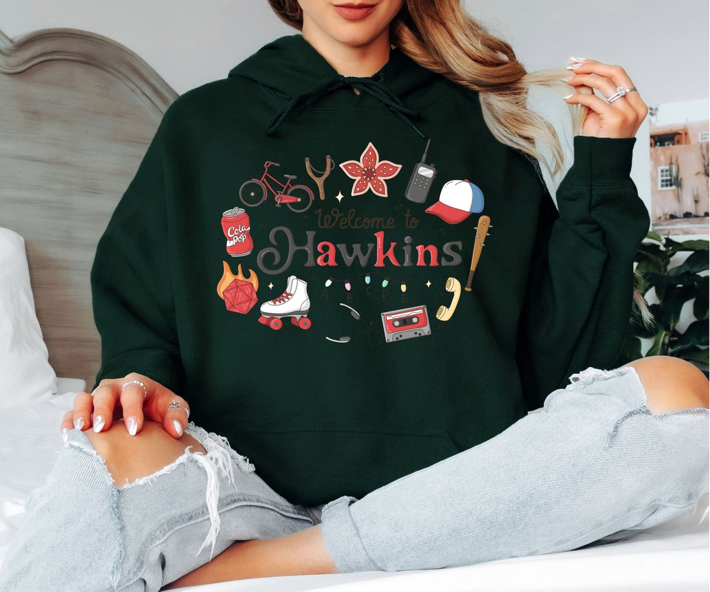 Welcome to Hawkins Hoodie – Retro 80s Inspired Graphic Hoodie, Hawkins Town Fan Sweatshirt, Unisex Cozy Hoodie