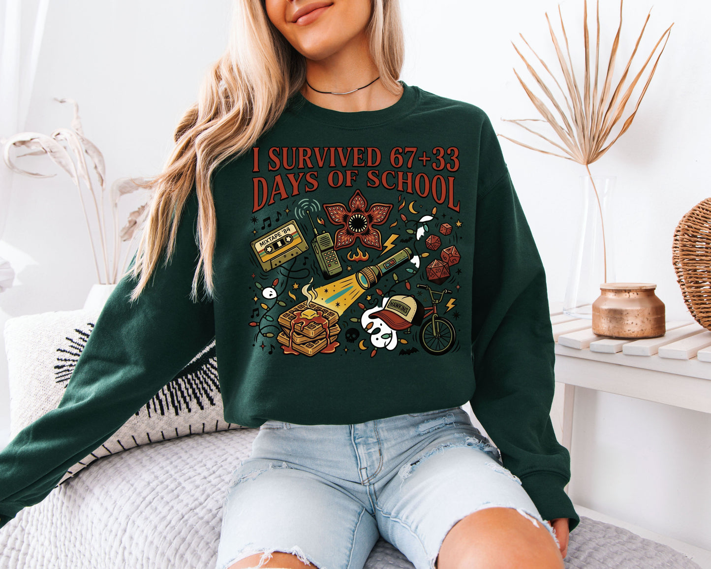 I Survived 67+33 Days of School Sweatshirt, Funny School Survivor Shirt, Retro Pop Culture Unisex Crewneck