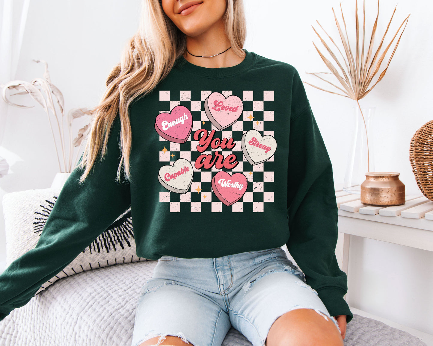 You Are Enough Loved Strong Worthy Sweatshirt - Positive Affirmations Pullover, Pastel Conversation Hearts Jumper, Mental Health Awareness Crewneck, Kind Heart Aesthetic Gift