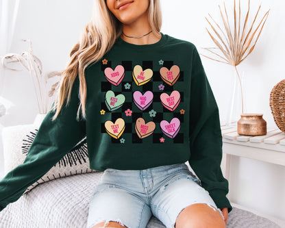 Retro Conversation Hearts Sweatshirt | Valentine’s Day Checkerboard Crewneck | Cute Candy Heart Gift for Her