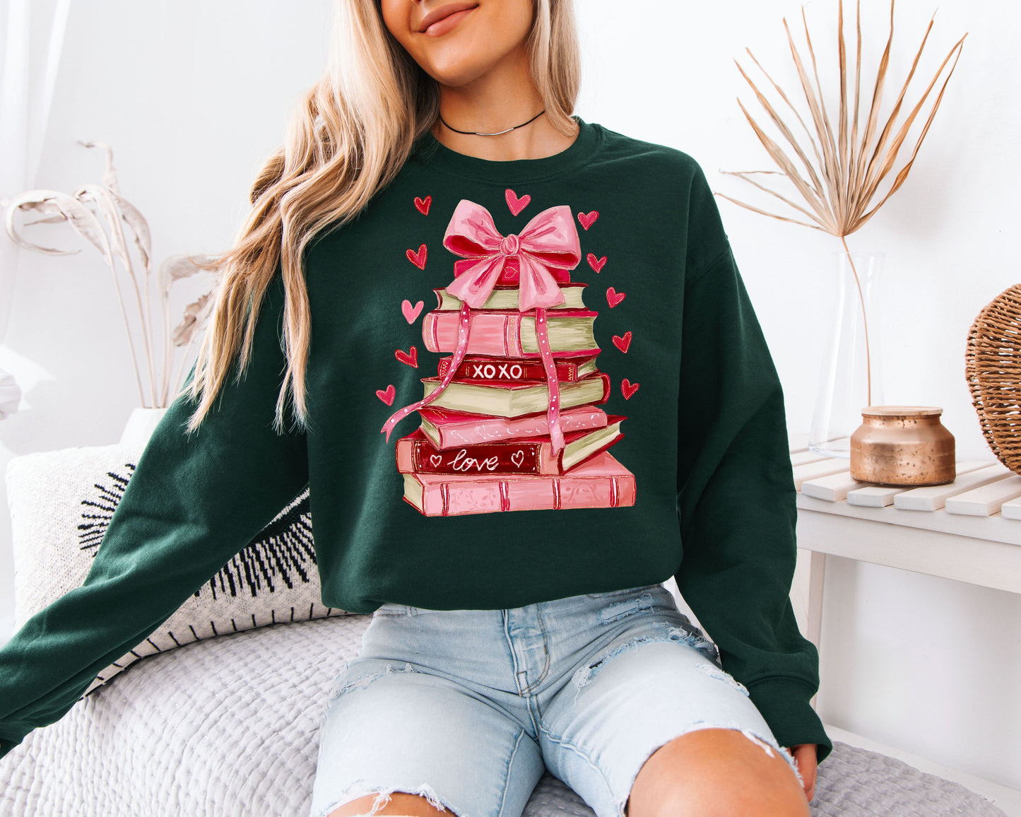 Coquette Book Stack Sweatshirt | Watercolor Pink Bow & Books Valentine Crewneck | Romantic Reading Gift