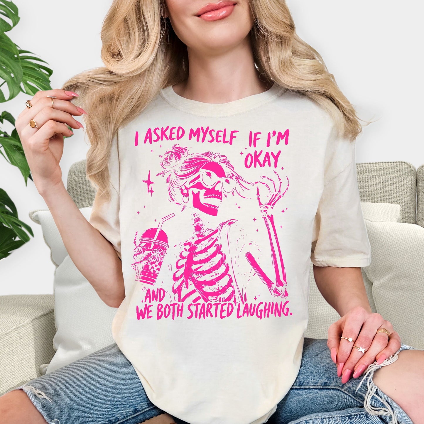 I Asked Myself If I’m Okay Skeleton Shirt - Funny Sarcastic Quote Tee, Pink Aesthetic Skeleton Sweatshirt, Dark Humor Gift, Trendy Girly Skull Shirt