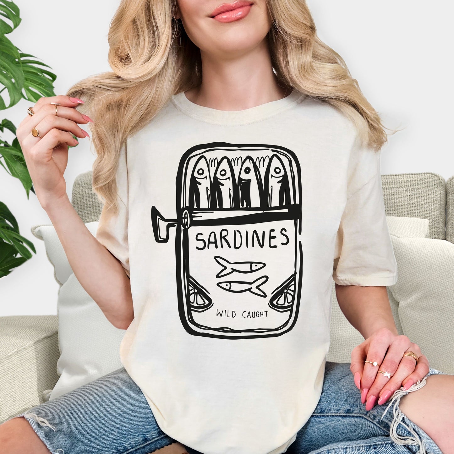 Wild Caught Sardine Tin Shirt - Hand-Drawn Blue Aesthetic Tee, Tinned Fish Lover Gift, Mediterranean Coastal Style Graphic T-Shirt