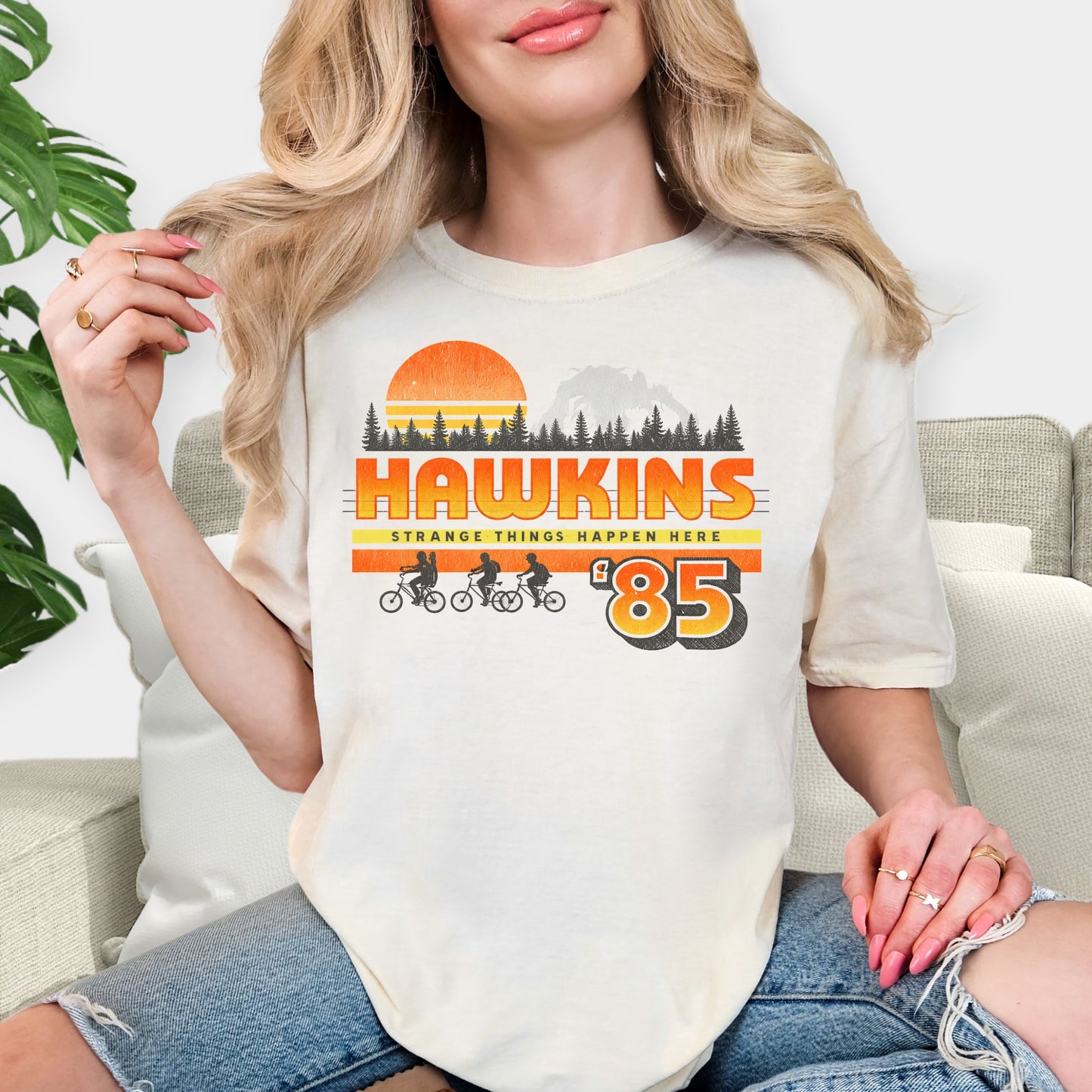 Hawkins 85 Strange Things Happen Here Shirt - Retro 80s Sunset T-Shirt, Sci-Fi Adventure Tee, Vintage Style Biking Squad Sweatshirt, Nostalgic Fan Gift