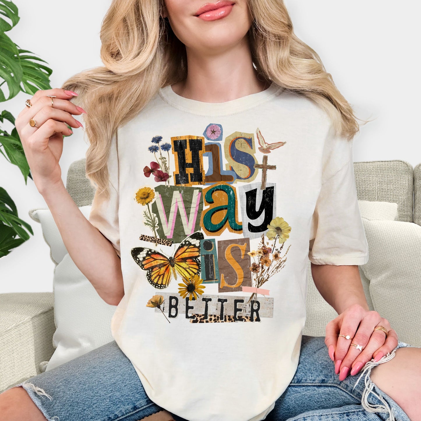 His Way Is Better Shirt - Christian Aesthetic T-Shirt, Faith Based Gift, Vintage Scrapbook Style Tee, Spiritual Butterfly Floral Sweatshirt