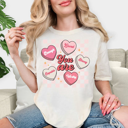 You Are Enough Loved Strong Worthy Shirt - Positive Affirmations T-Shirt, Pastel Conversation Hearts Tee, Mental Health Awareness Sweatshirt, Kind Heart Aesthetic Gift