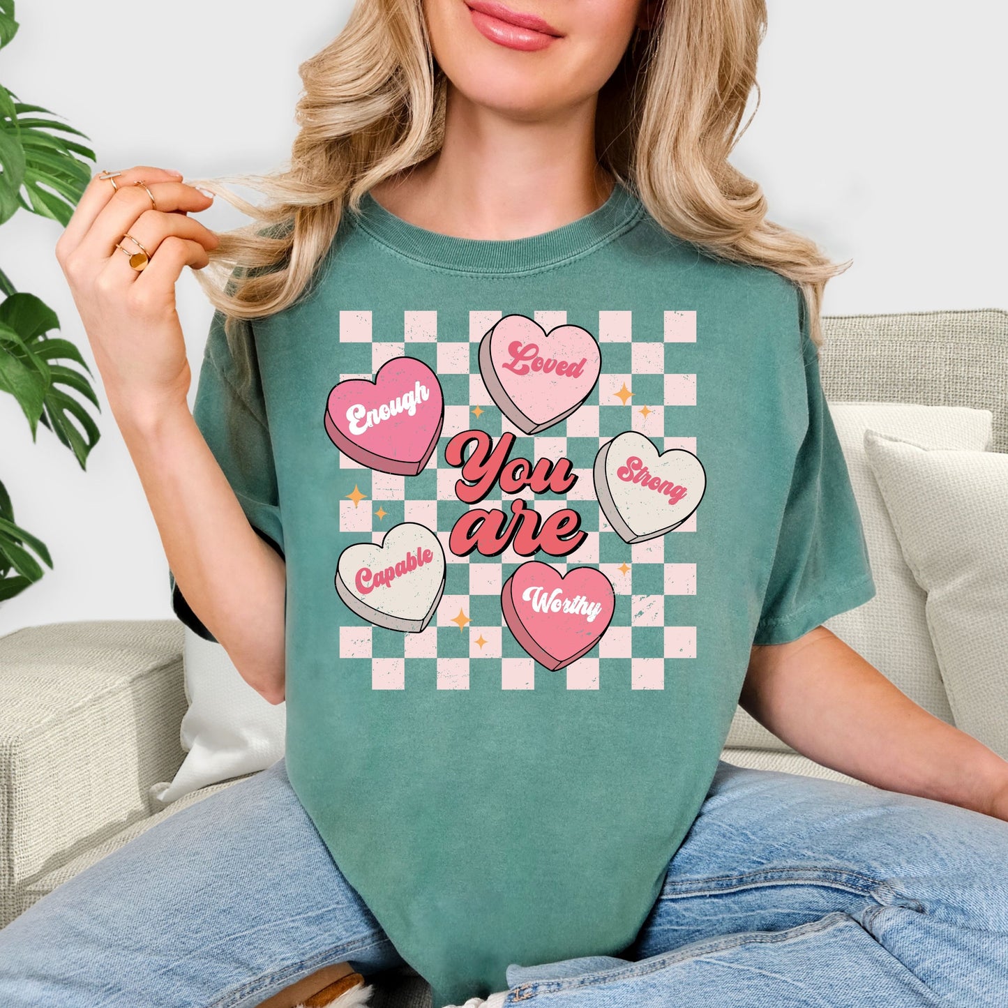 You Are Enough Loved Strong Worthy Shirt - Positive Affirmations T-Shirt, Pastel Conversation Hearts Tee, Mental Health Awareness Sweatshirt, Kind Heart Aesthetic Gift