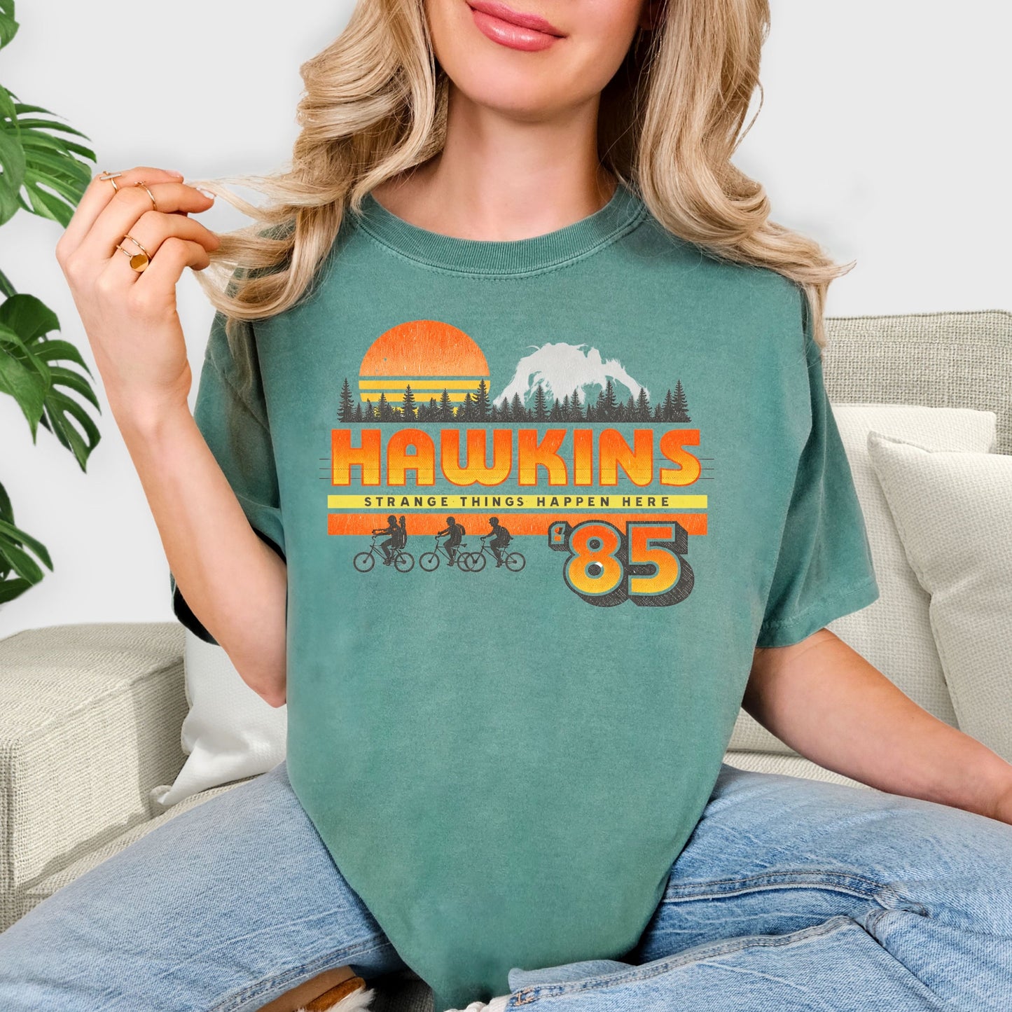 Hawkins 85 Strange Things Happen Here Shirt - Retro 80s Sunset T-Shirt, Sci-Fi Adventure Tee, Vintage Style Biking Squad Sweatshirt, Nostalgic Fan Gift