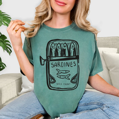 Wild Caught Sardine Tin Shirt - Hand-Drawn Blue Aesthetic Tee, Tinned Fish Lover Gift, Mediterranean Coastal Style Graphic T-Shirt