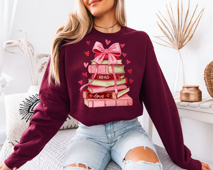 Coquette Book Stack Sweatshirt | Watercolor Pink Bow & Books Valentine Crewneck | Romantic Reading Gift