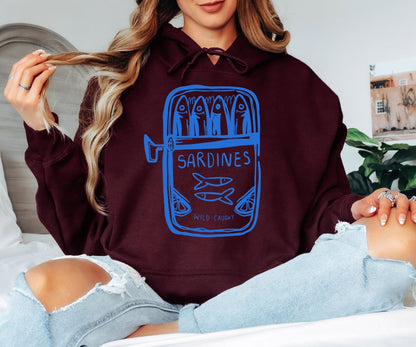 Wild Caught Sardine Tin Hoodie - Hand-Drawn Blue Aesthetic Pullover, Tinned Fish Lover Hooded Sweatshirt, Mediterranean Coastal Style Hoodie