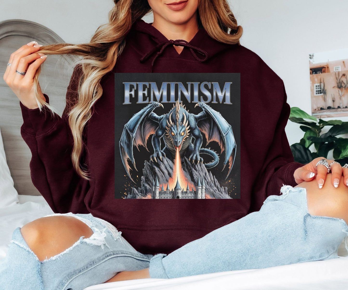Feminism Dragon Hoodie - Heavy Metal Aesthetic Hooded Sweatshirt, Fire Breathing Dragon Pullover, Fantasy Feminist Hoodie, Edgy Empowerment Gift