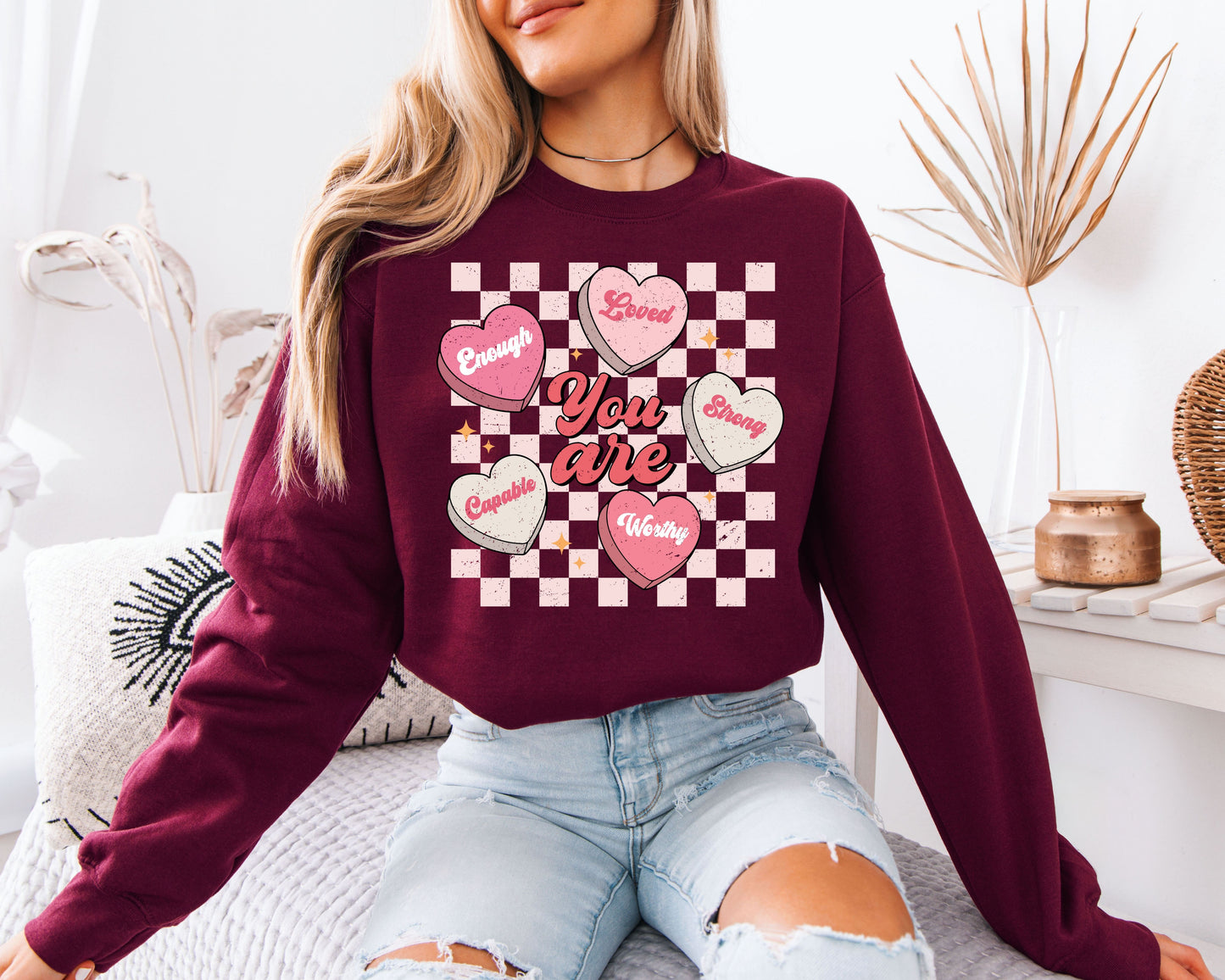 You Are Enough Loved Strong Worthy Sweatshirt - Positive Affirmations Pullover, Pastel Conversation Hearts Jumper, Mental Health Awareness Crewneck, Kind Heart Aesthetic Gift