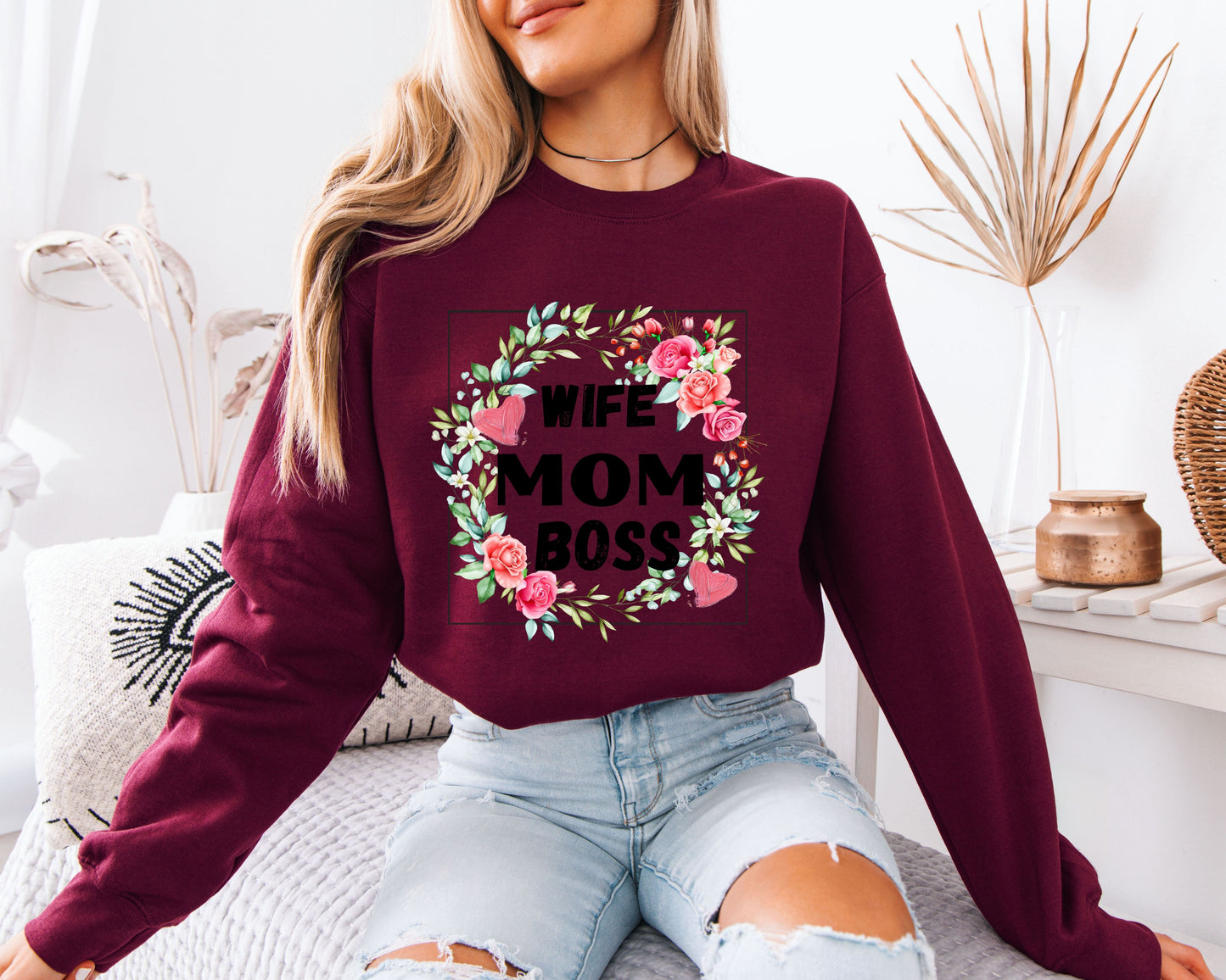 Wife Mom Boss Floral Sweatshirt, Cute Mama Graphic Crewneck Pullover, Strong Mom Life Shirt, Mother’s Day Gift for Her, Cozy Everyday Sweater