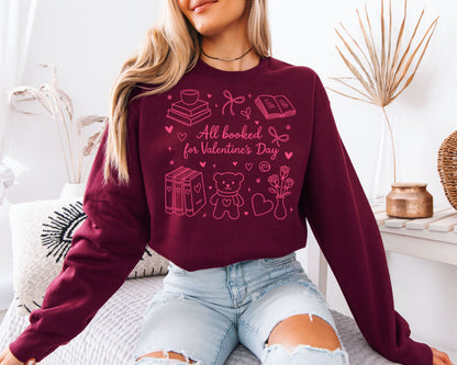 All Booked for Valentine’s Day Sweatshirt | Cute Doodle Book Lover Crewneck | Coquette Bear & Bows Reading Gift