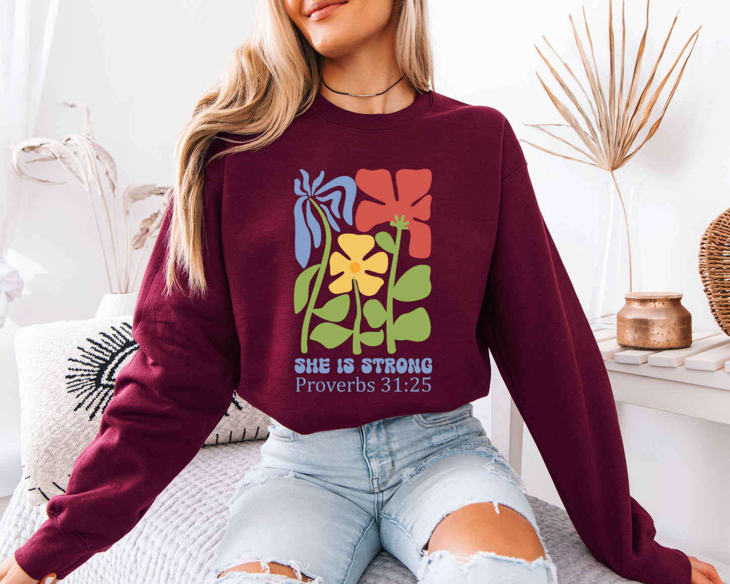 She Is Strong Proverbs 31:25 Floral Sweatshirt, Christian Women Bible Verse Crewneck, Cute Faith Flower Graphic Pullover, Inspirational Gift for Her