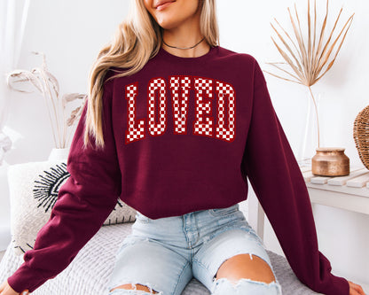 LOVED Sweatshirt | Retro Red Checkerboard Varsity Crewneck | Cute Valentine’s Day Gift for Her