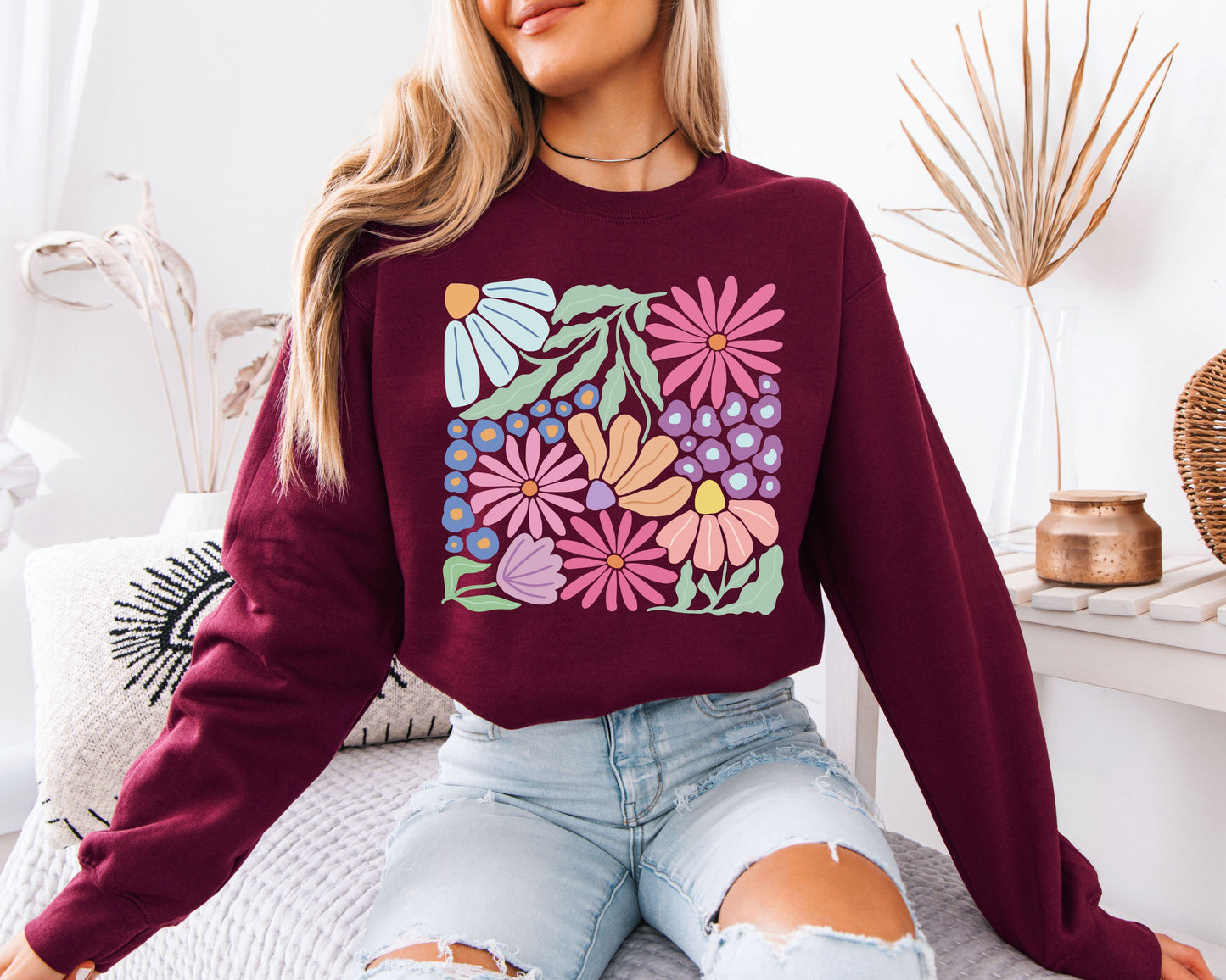 Retro Botanical Blossom Hoodie – Colorful Flower Art Pullover, Relaxed Fit Cozy Sweatshirt, Plant Lover Streetwear
