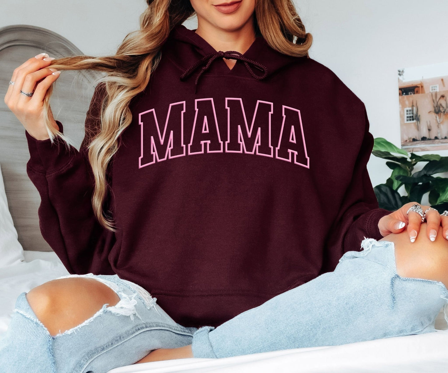 Pink Outline Mama Hoodie - Minimalist Varsity Motherhood Hooded Sweatshirt, Cute Aesthetic Mama Pullover, Mother’s Day Gift, Trendy Pastel Mom Life Hoodie