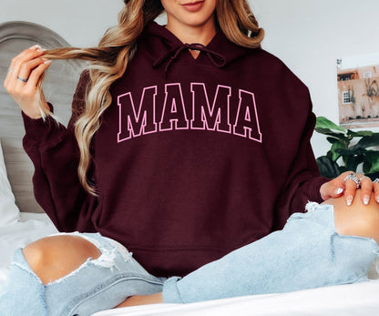 Pink Outline Mama Hoodie - Minimalist Varsity Motherhood Hooded Sweatshirt, Cute Aesthetic Mama Pullover, Mother’s Day Gift, Trendy Pastel Mom Life Hoodie