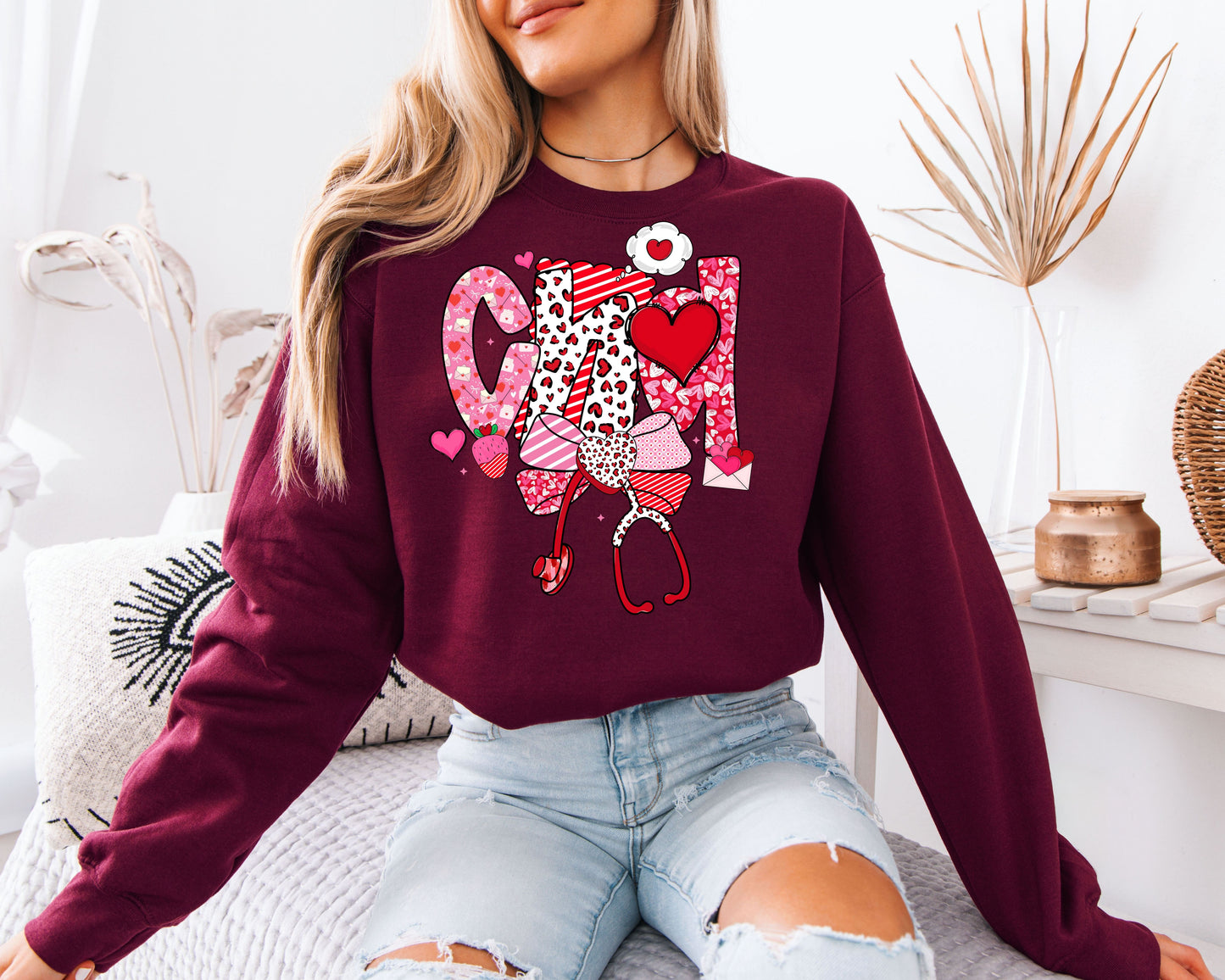 CNA Valentine’s Day Sweatshirt | Cute Nursing Stethoscope Crewneck | Heart Pattern Gift for Nurse