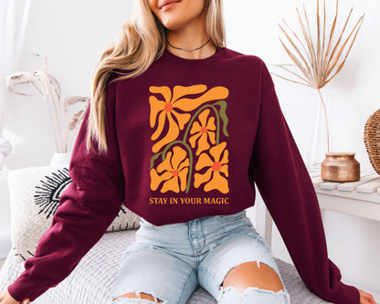Nature Walk Sweatshirt, Wildflower Illustration Crewneck Pullover, Relaxed Casual Top