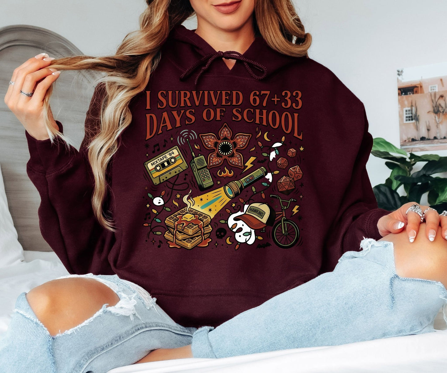 I Survived 67+33 Days of School Hoodie – Stranger Things Inspired Hawkins Graphic Hoodie, Funny End of School Unisex Sweatshirt