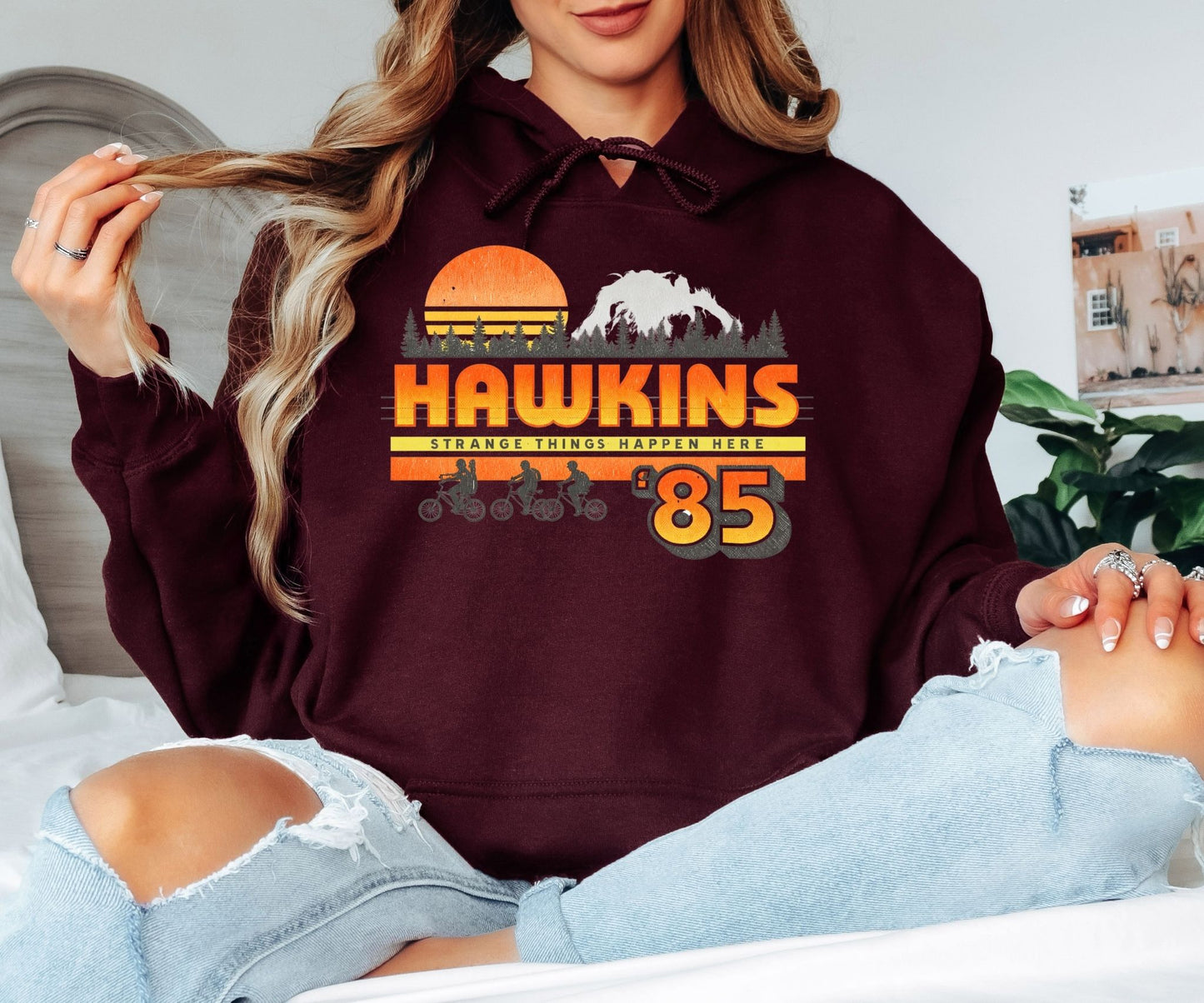 Hawkins ’85 Hoodie – Stranger Things Inspired Retro 80s Graphic Hoodie, Hawkins Indiana Vintage Sci-Fi Unisex Sweatshirt