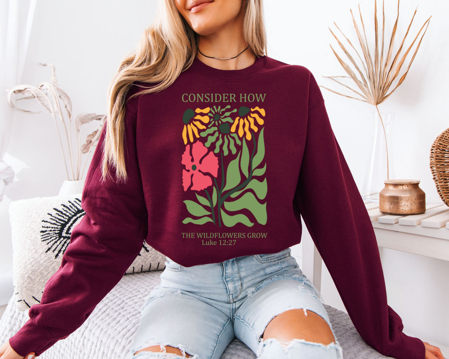 Consider the Wildflowers Sweatshirt – Luke 12:27 Christian Floral Crewneck, Botanical Scripture Pullover, Cottagecore Flower Graphic Sweater, Faith Gift for Women