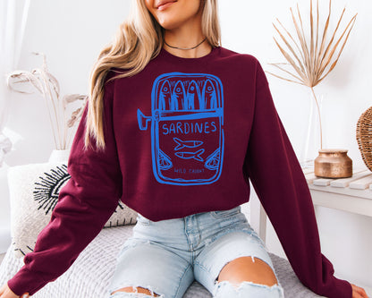 Wild Caught Sardine Tin Sweatshirt - Hand-Drawn Blue Aesthetic Pullover, Tinned Fish Lover Crewneck, Mediterranean Coastal Style Jumper