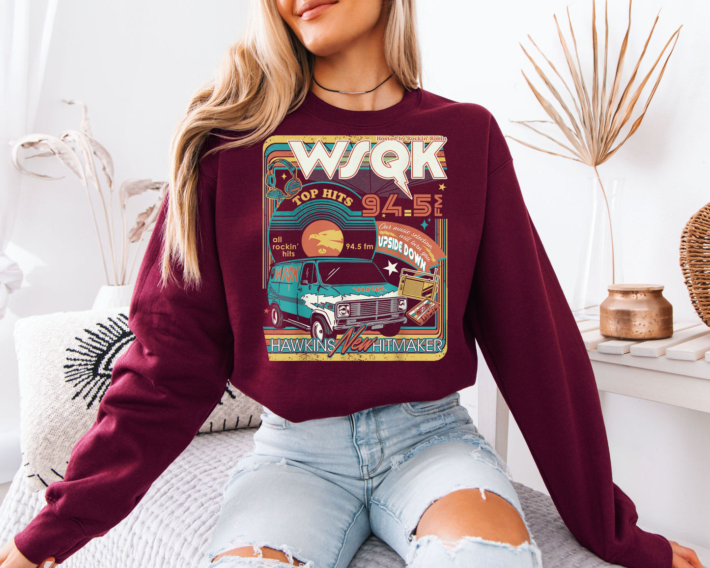 WSQK 94.5 FM Hawkins Sweatshirt, Retro Radio Van Graphic, 80s Nostalgia Unisex Crewneck, Sci-Fi TV Fan Apparel