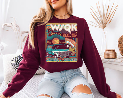 WSQK 94.5 FM Hawkins Sweatshirt, Retro Radio Van Graphic, 80s Nostalgia Unisex Crewneck, Sci-Fi TV Fan Apparel
