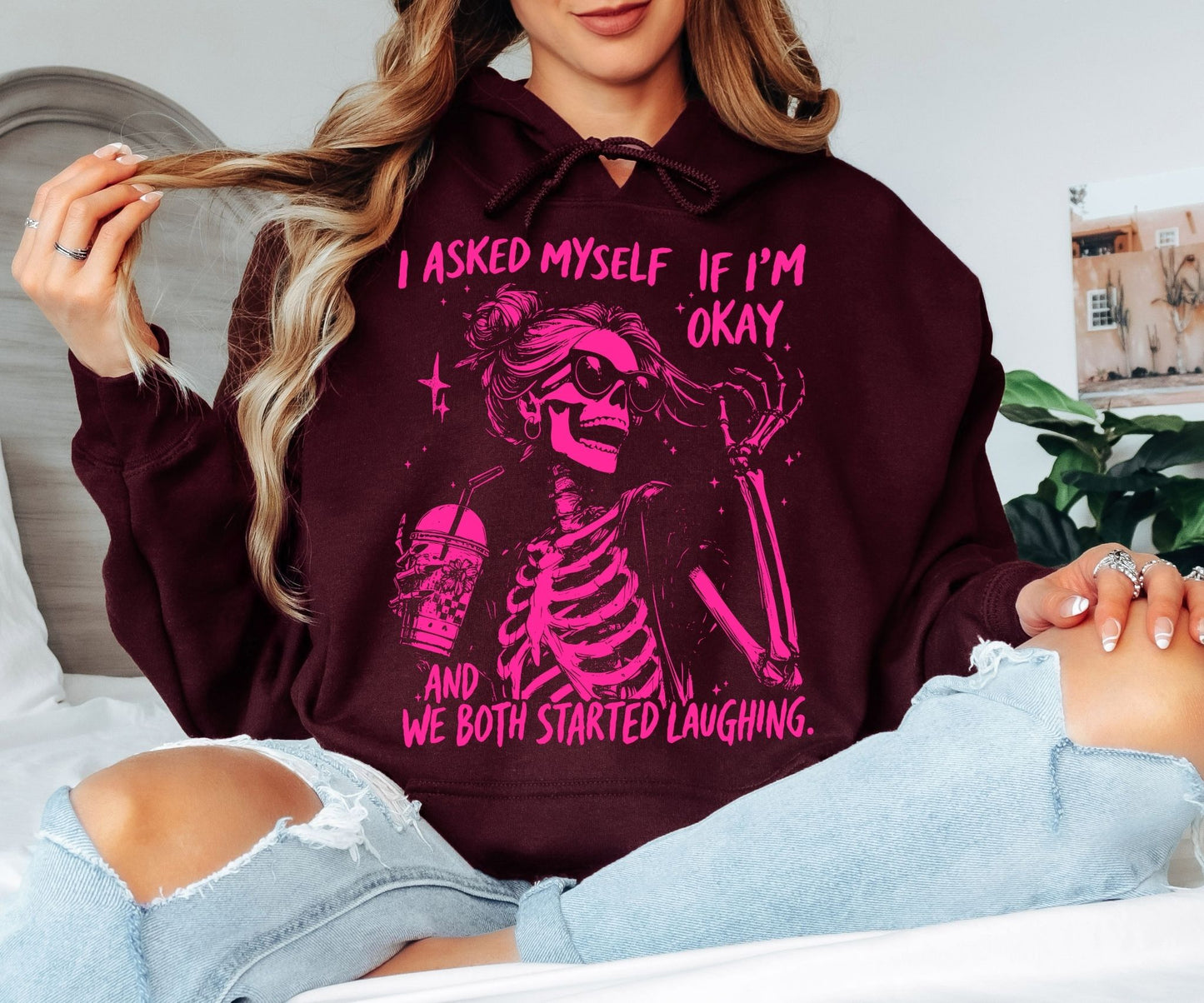 I Asked If I’m Okay Hoodie – Funny Skeleton Illustration, Dark Humor Vibes