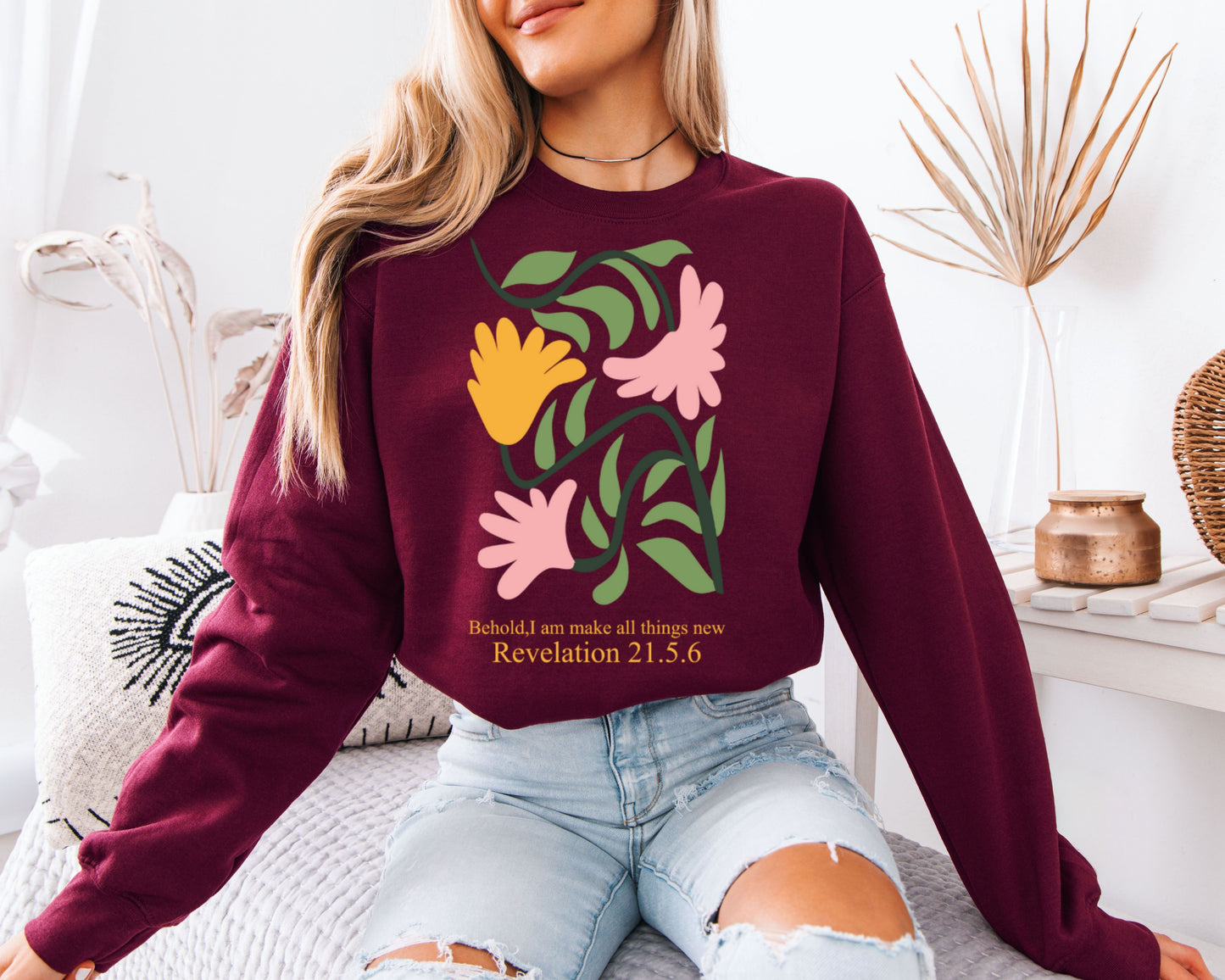 Cottagecore Bible Verse Sweatshirt, Floral Faith Graphic Crewneck, Relaxed Pullover