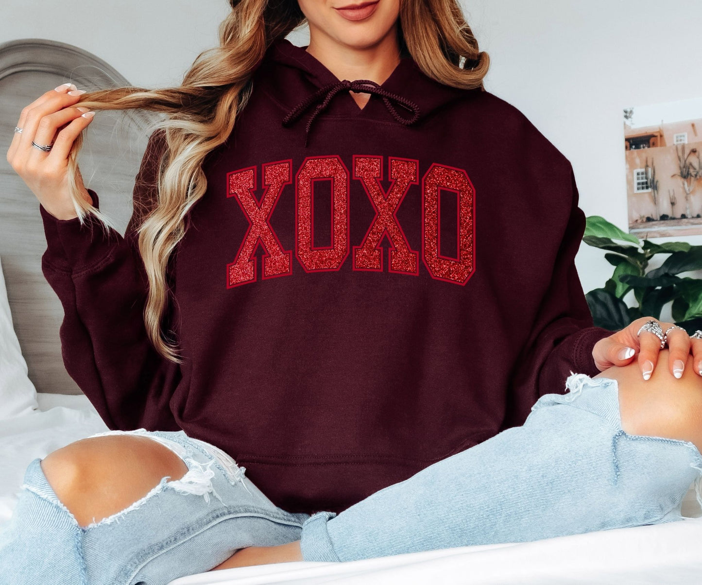 XOXO Glitter Red Varsity Hoodie - Valentine’s Day Hooded Sweatshirt, Sparkling Love Statement Pullover, Cute Romantic Gift for Her, Glamorous XOXO Holiday Hoodie