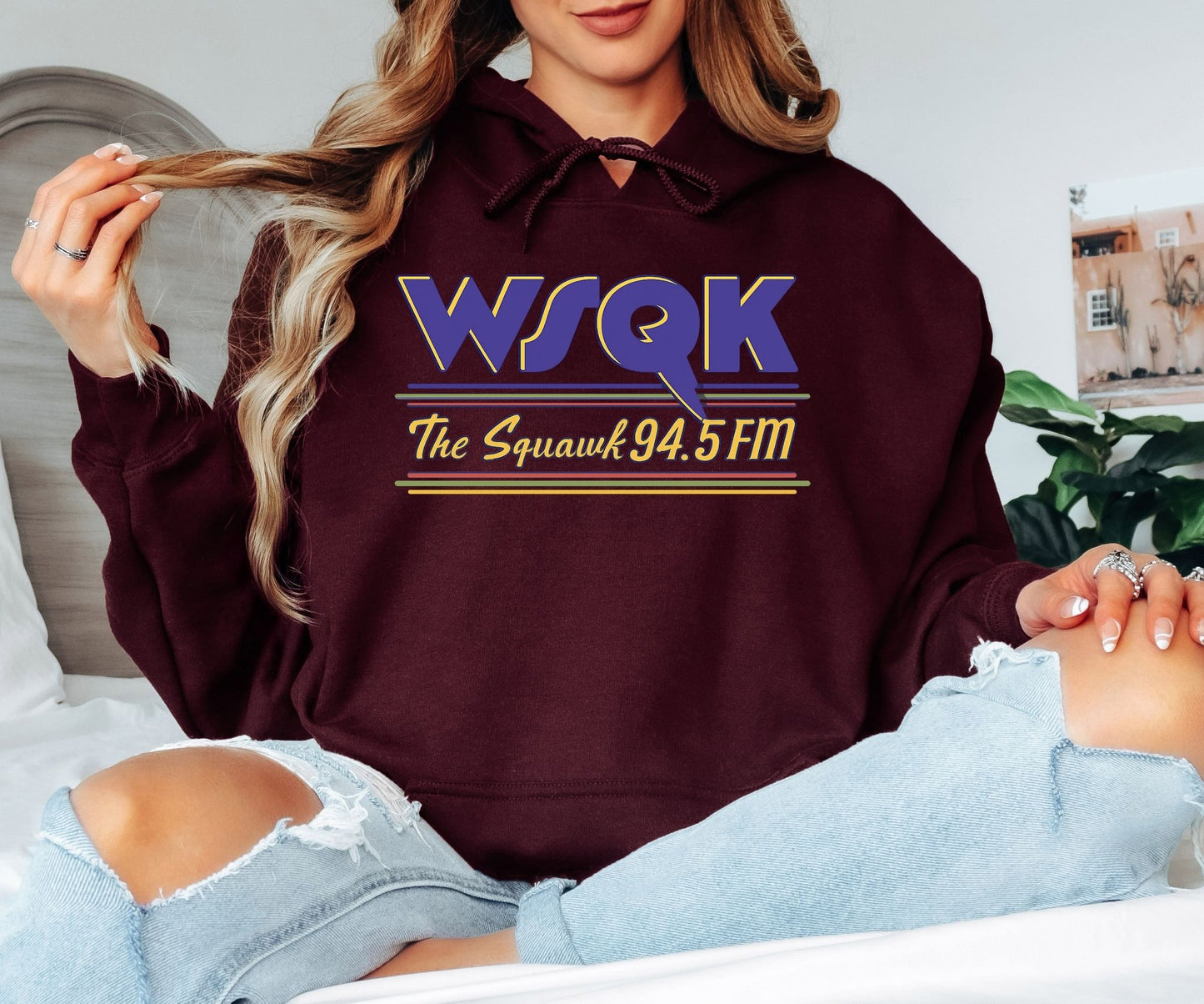 WSQK The Squawk 94.5 FM Hoodie – Retro Radio Station Inspired Hoodie, 80s Vintage Graphic Hoodie, Unisex Cozy Sweatshirt
