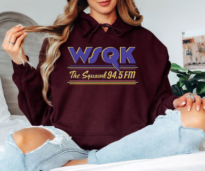 WSQK The Squawk 94.5 FM Hoodie – Retro Radio Station Inspired Hoodie, 80s Vintage Graphic Hoodie, Unisex Cozy Sweatshirt