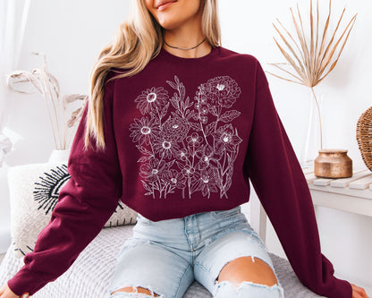 Vintage Botanical Sweatshirt, Floral Sketch Crewneck, Relaxed Fit Pullover, Nature Lover Gift