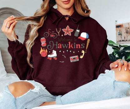 Welcome to Hawkins Hoodie – Retro 80s Inspired Graphic Hoodie, Hawkins Town Fan Sweatshirt, Unisex Cozy Hoodie
