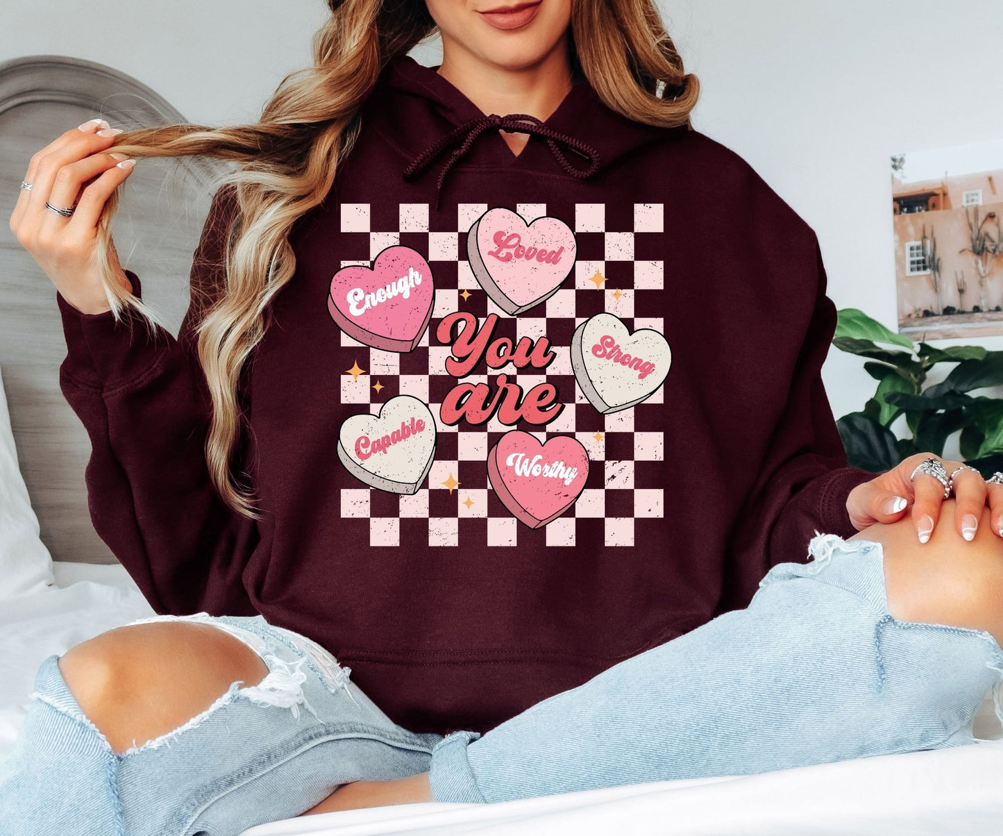 You Are Enough Loved Strong Worthy Hoodie - Positive Affirmations Hooded Sweatshirt, Pastel Conversation Hearts Pullover, Mental Health Awareness Hoodie, Kind Heart Aesthetic Gift