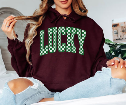 Lucky Checkerboard Hoodie, Green Retro Graphic Hoodie, Cozy Unisex Pullover for Everyday Wear
