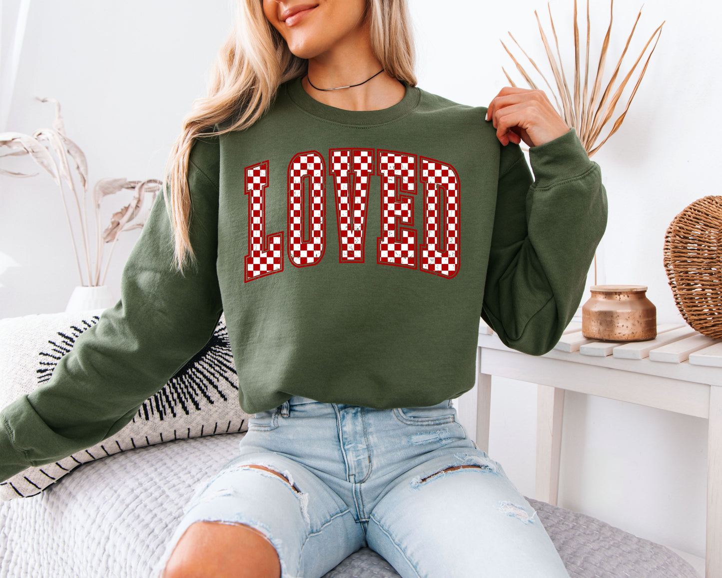 LOVED Sweatshirt | Retro Red Checkerboard Varsity Crewneck | Cute Valentine’s Day Gift for Her