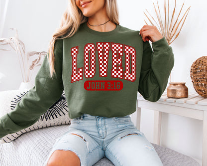 LOVED John 3:16 Sweatshirt | Distressed Varsity Christian Crewneck | Bible Verse Valentine Gift
