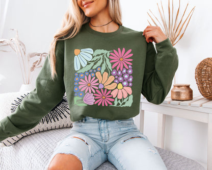 Retro Botanical Blossom Hoodie – Colorful Flower Art Pullover, Relaxed Fit Cozy Sweatshirt, Plant Lover Streetwear