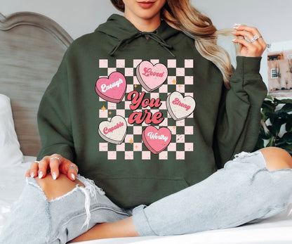 You Are Enough Loved Strong Worthy Hoodie - Positive Affirmations Hooded Sweatshirt, Pastel Conversation Hearts Pullover, Mental Health Awareness Hoodie, Kind Heart Aesthetic Gift